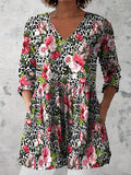 Women's Retro Leopard Floral Art Print Casual Cotton And Linen V-neck Top