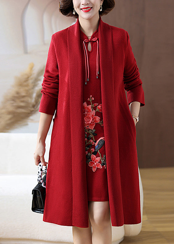 Retro Red Print Pockets Woolen Coats and Mid Dress Two Pieces Set Fall