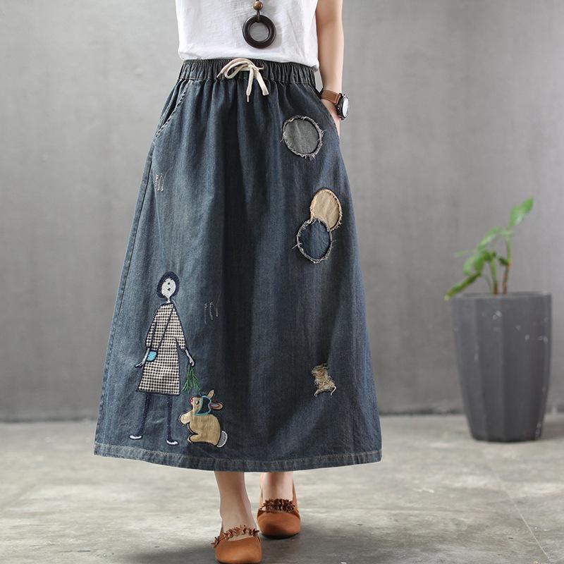 Cozy Thin Cartoon Embroidered Patch Swing Denim Skirt