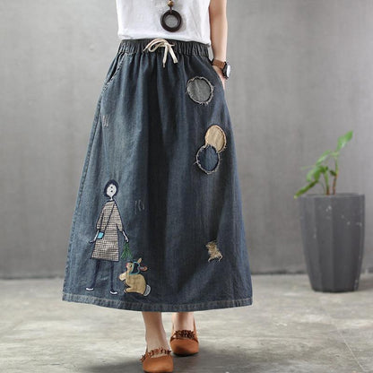 Cozy Thin Cartoon Embroidered Patch Swing Denim Skirt