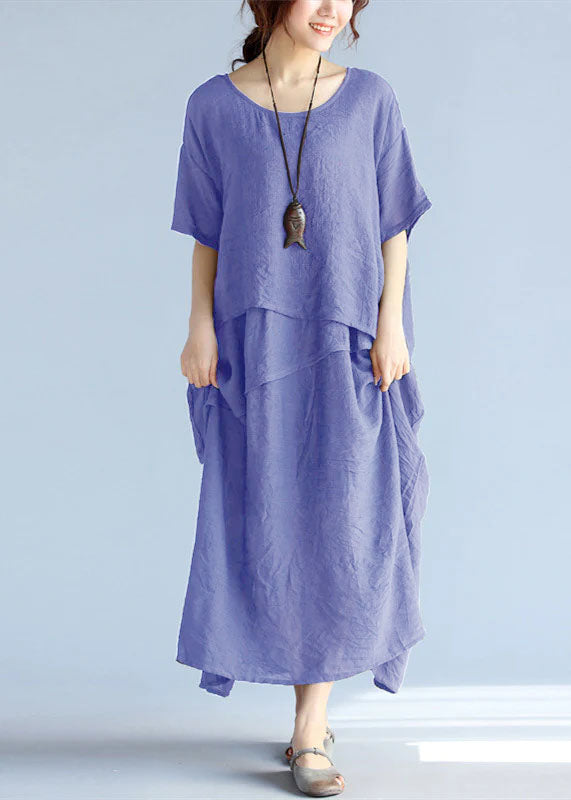 Baggy Gray Long Linen Dresses Oversized Layered Cotton Maxi Dress Short Sleeve Cotton Clothing