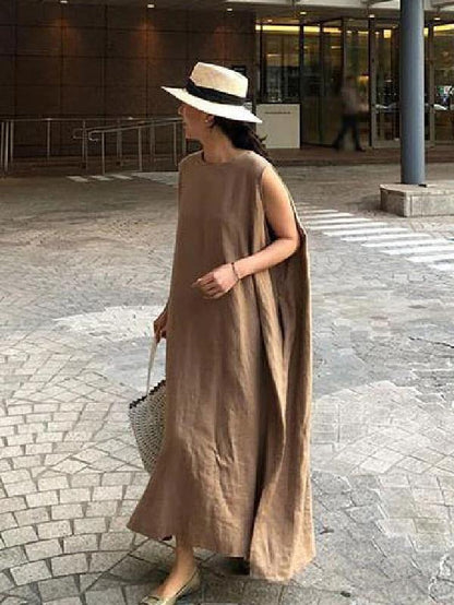O Neck Side Open Linen Cotton Clothes Fabrics Khaki Dress