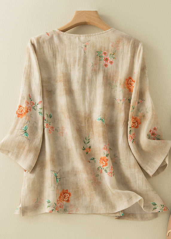 Chinese Style Apricot O-neck Print Oriental Button Side Open Linen Shirt Top Bracelet Sleeve