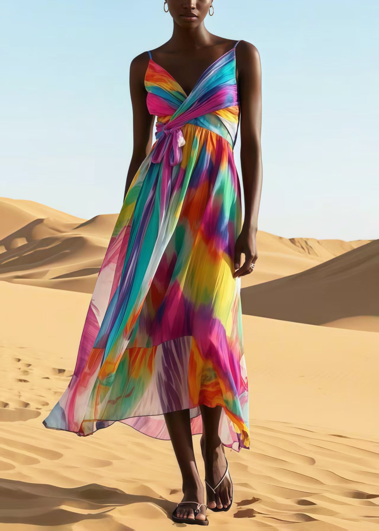 Rainbow Tie Dye Chiffon Spaghetti Strap Dress Summer