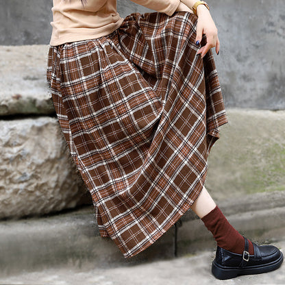 Retro Autumn Cotton Plaid Skirt