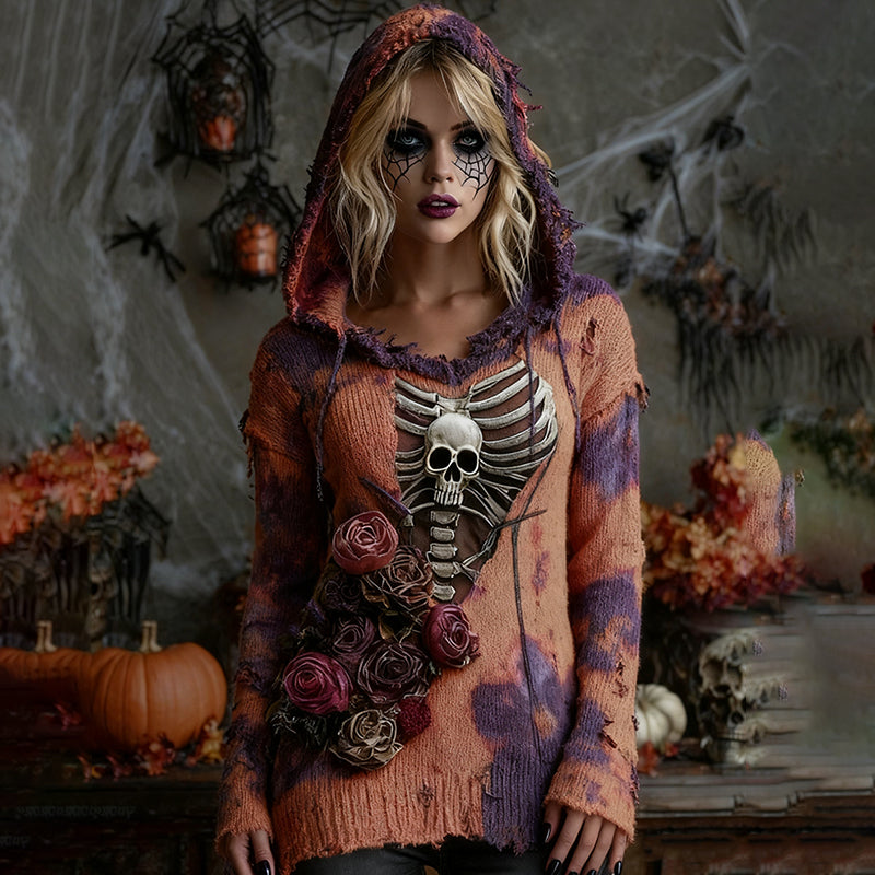 Women's Vintage Patchwork Chunky Knit Skull Hooded Sweater artswardrobe