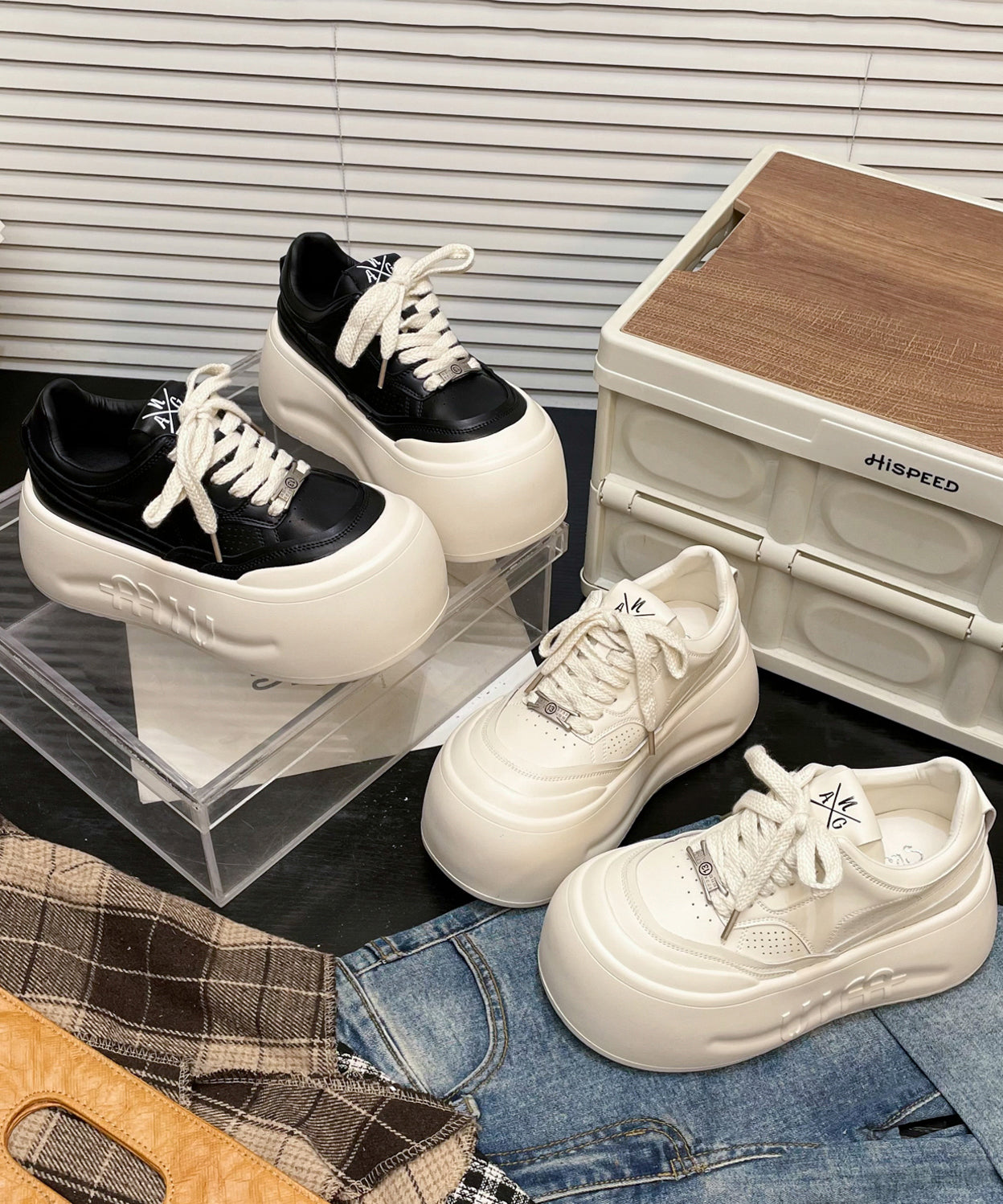 Lace Up Splicing Platform Shoes Beige Cowhide Leather