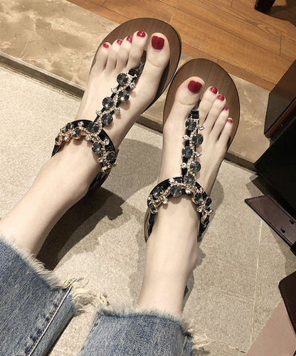 Black Pu Splicing Zircon Beach Flip Flops Walking Sandals