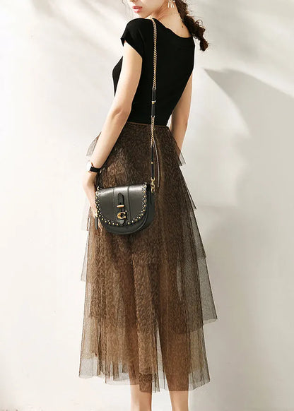 Vogue Black O-neck T Shirts and Tulle Maxi Skirts Two Pieces Set Summer