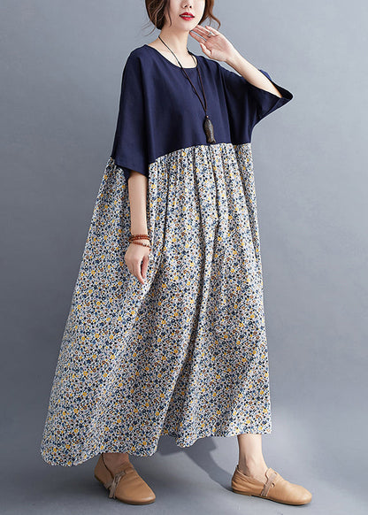 Navy O-neck Print Patchwork Maxi Dresses Half Sleeve