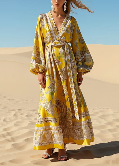 Yellow Tie Waist Print Chiffon Robe Dresses Spring