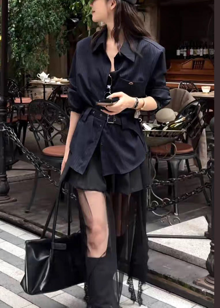 Striped Navy Sashes Shirts and Black Tulle Pleated Skirts Two Pieces Set Fall