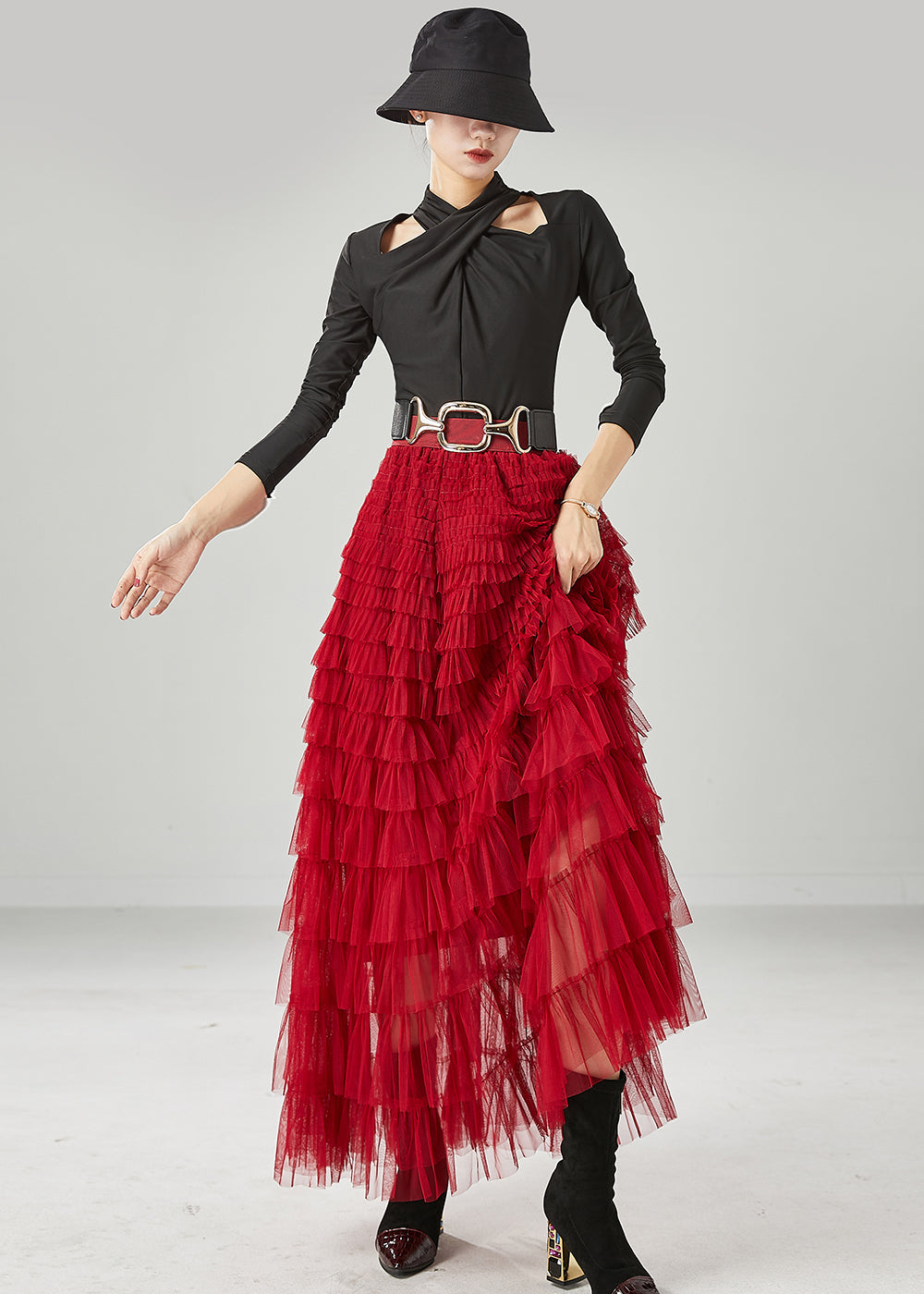 Organic Red Elastic Waist Layered Tulle a Line Skirt Summer