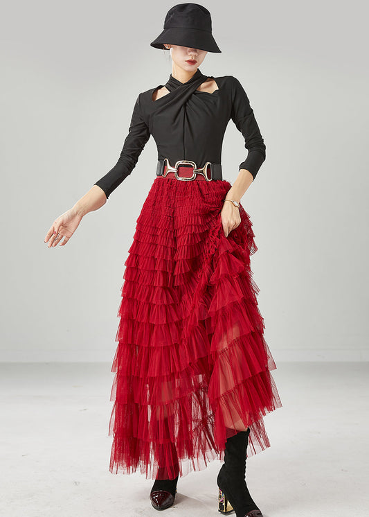 Organic Red Elastic Waist Layered Tulle a Line Skirt Summer