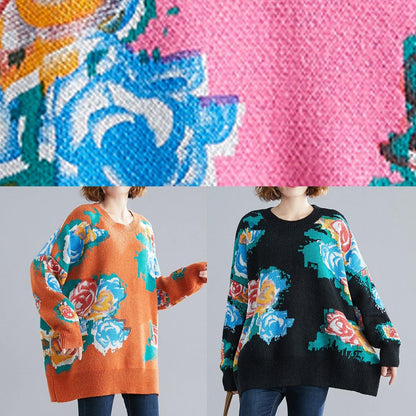 For Spring Pink Print Sweaters O Neck Knit Top Silhouette