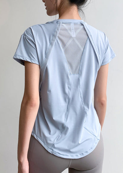 Light Blue Tulle Patchwork Short Sleeve Yoga Top