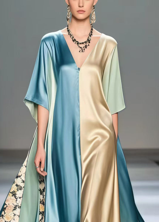 Polychrome Asymmetrical Patchwork Silk Robe Dresses Summer