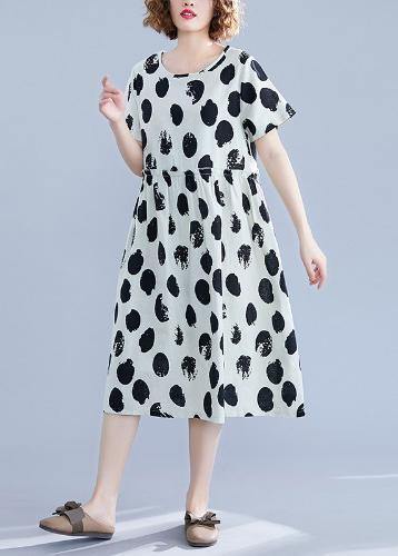 Black Dotted Cotton Tunic Pattern O Neck Short Sleeve Shift Dresses
