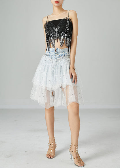 Light Blue Elastic Waist Tulle Patchwork Denim Skirts Summer