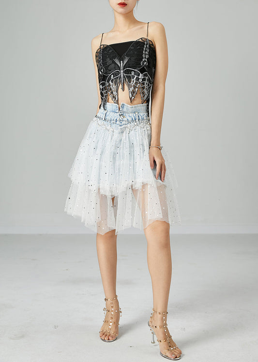 Light Blue Elastic Waist Tulle Patchwork Denim Skirts Summer