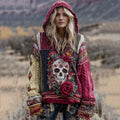 Vintage Boho Floral And Skull Inspired Colorblock Design Cozy Knit Hooded Sweater artswardrobe