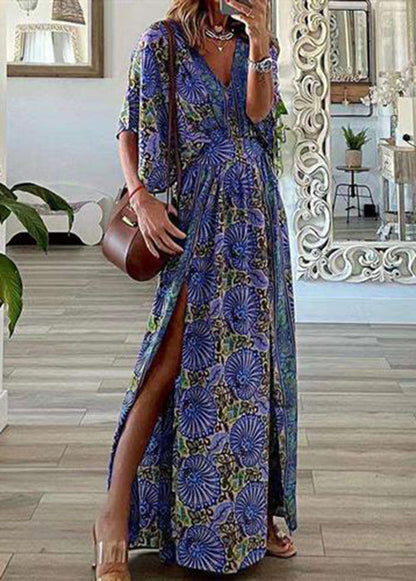 Blue Print Side Open Cotton Beach Dress Summer