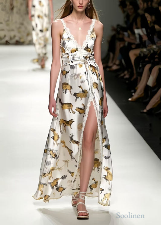 Art White Print Side Open Silk Cami Dresses Summer