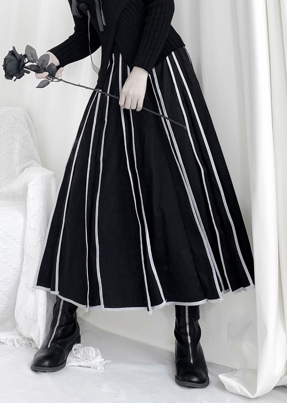Black Striped Patchwork Elastic Waist a Line Skirt Fall