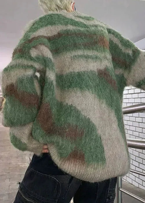 Green Striped Patchwork Knit Sweaters Winter