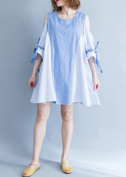 Blue Striped Cotton Clothes Fabrics Off the Shoulder Summer Dresses