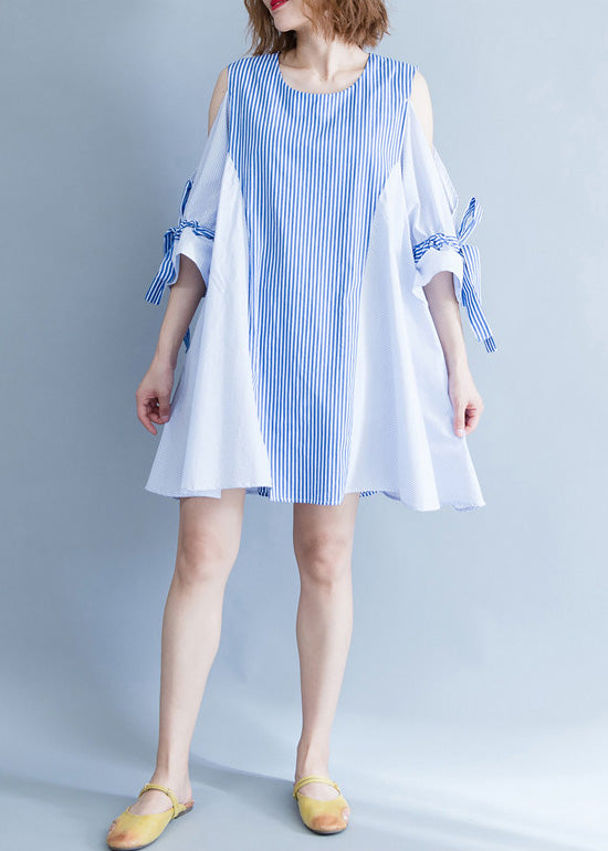 Blue Striped Cotton Clothes Fabrics Off the Shoulder Summer Dresses