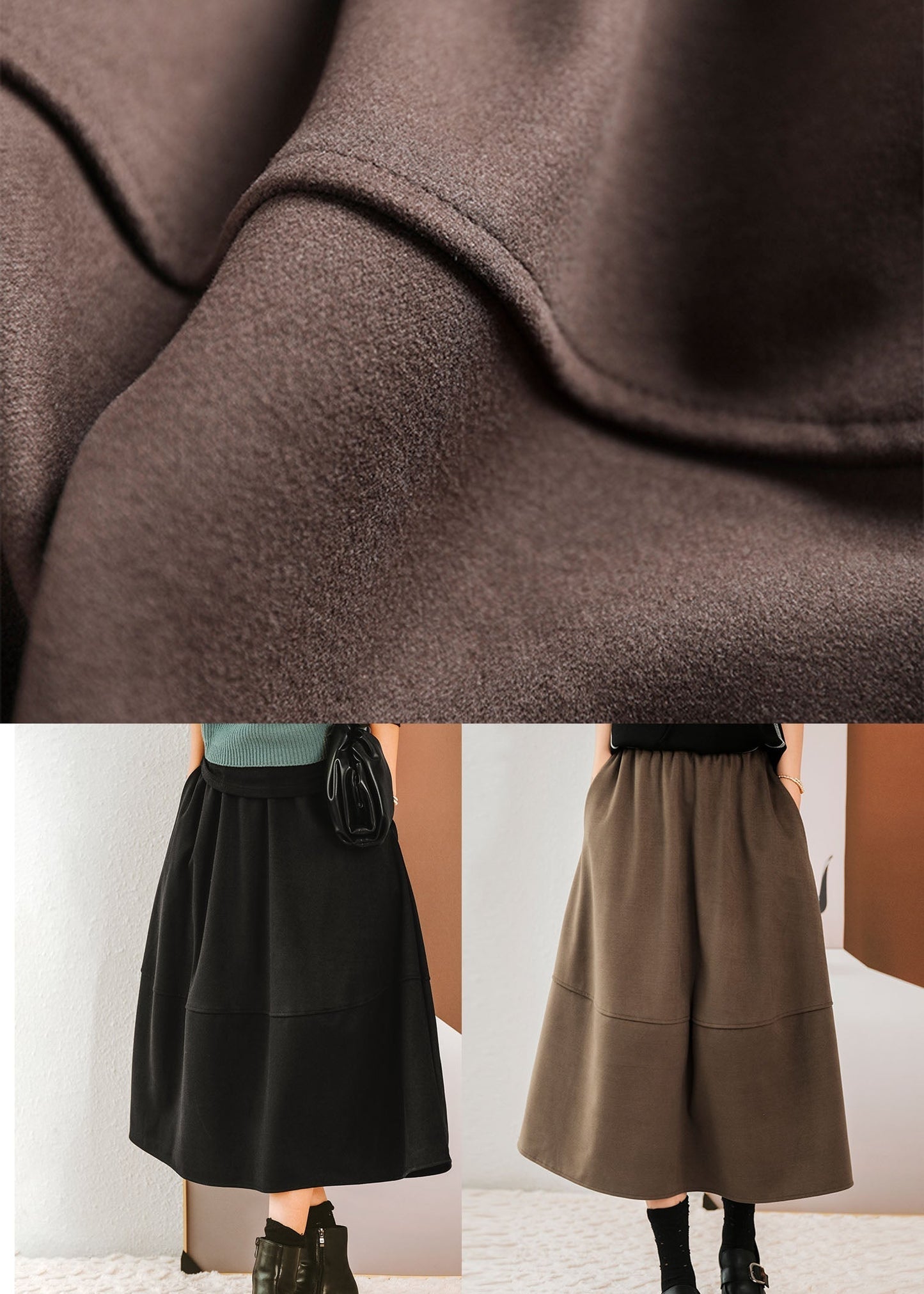 Black Patchwork Thick Woolen a Line Skirts Winter