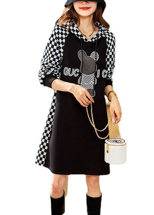 Black Hooded Plaid Sweatshirt Dress Winter