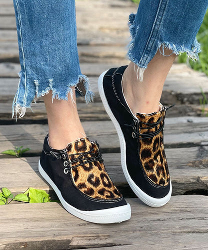Black Leopard Print Flat Feet Shoes Splicing Lace Up Flat Feet Shoes