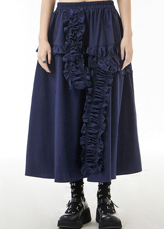 Blue Loose a Line Skirts Ruffled Elastic Waist Spring