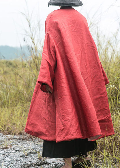 Diy Red V Neck Pockets Fine Cotton Filled Loose Winter Coat