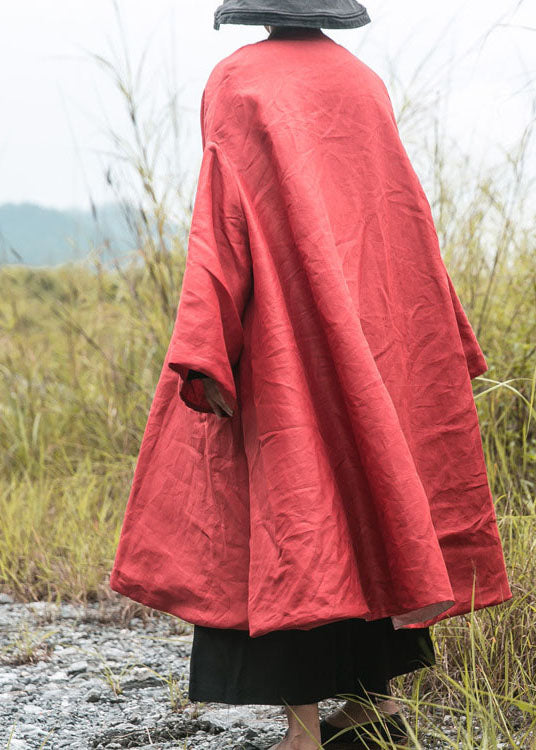 Diy Red V Neck Pockets Fine Cotton Filled Loose Winter Coat