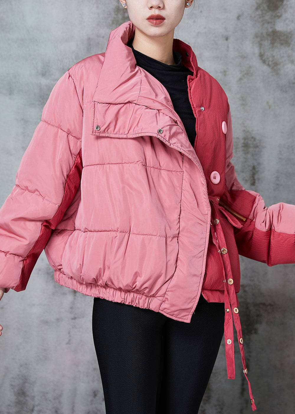 Pink Asymmetrical Patchwork Lace Up Fine Cotton Filled Parka Jacket Winter
