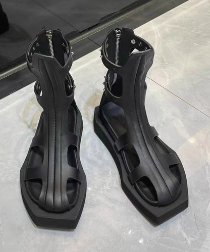 Black Platform Cowhide Leather Hollow Out Water Sandals
