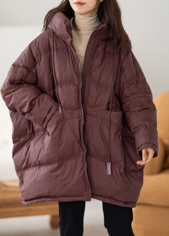 Coffee Hooded Oversized Drawstring Thick Canada Goose Jacket Batwing Sleeve