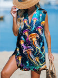 Colorful Jellyfish Women's Print Casual Cotton And Linen 3/4 Sleeve Shirt