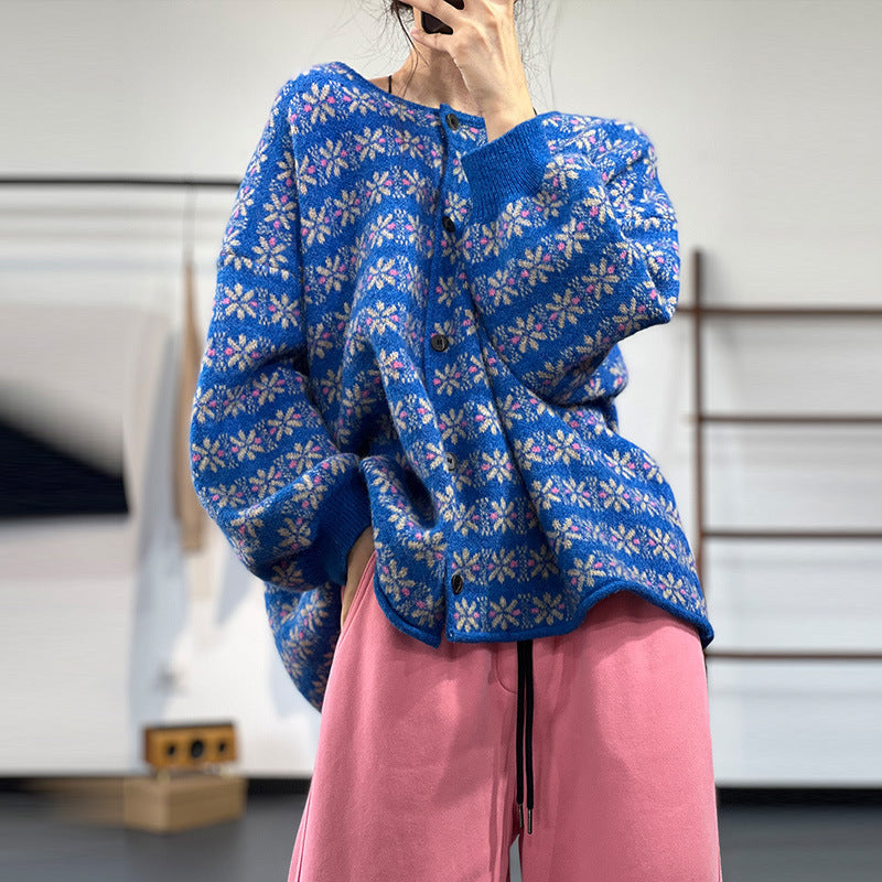 Knit Lazy Single-breasted Jacquard Thermal Cardigan Sweater