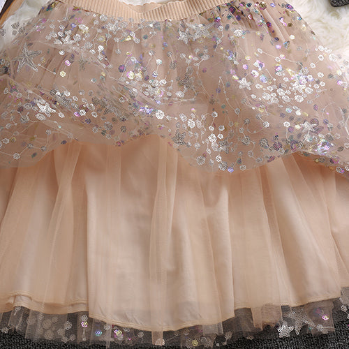 Beige Sequins Tulle Elastic Waist Skirts Summer