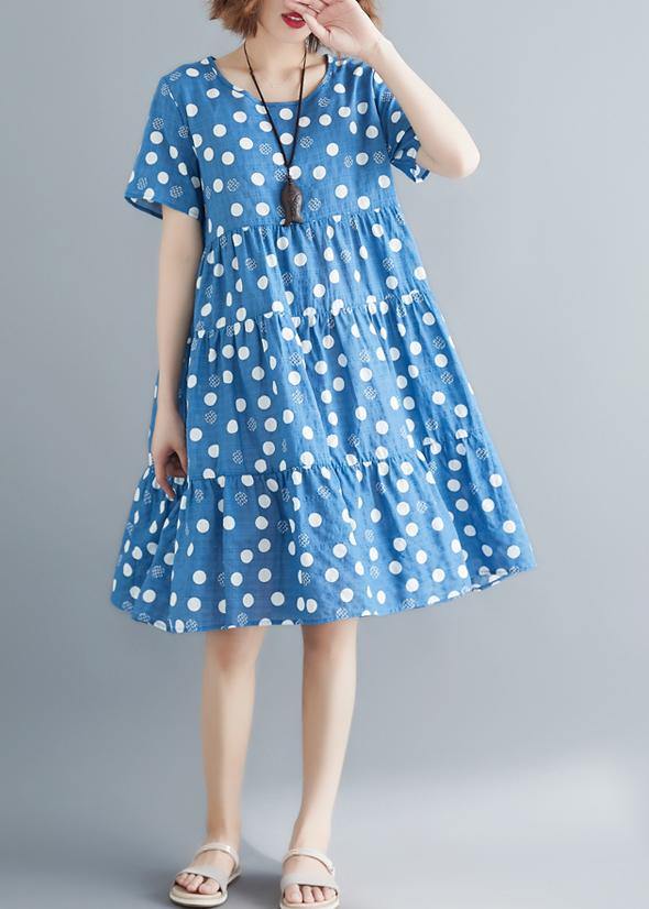 O Neck Cinched Cotton Linen Blue Print Dresses Summer