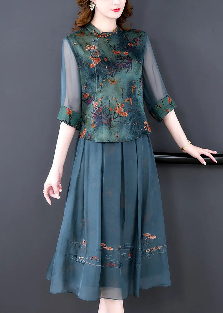 Green Embroideried Button Silk Shirts and Maxi Skirts Two Pieces Set Half Sleeve