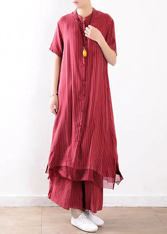 Red Striped Silk Shirt Dress and Elastic Waist Wide Leg Pants Two Pieces