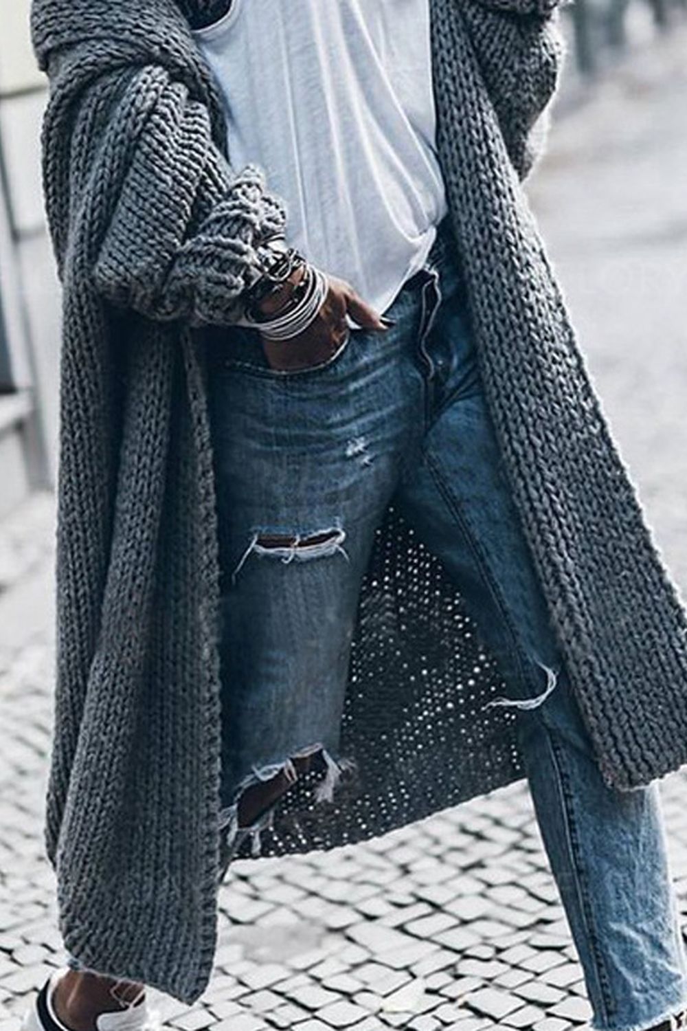 Grey Lapel Knit Cardigan