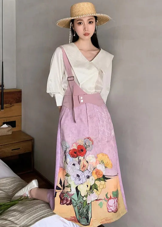 Original Design Sailor Collar Asymmetrical Design Print Silk Tops and Skirts Two-piece Set Summer