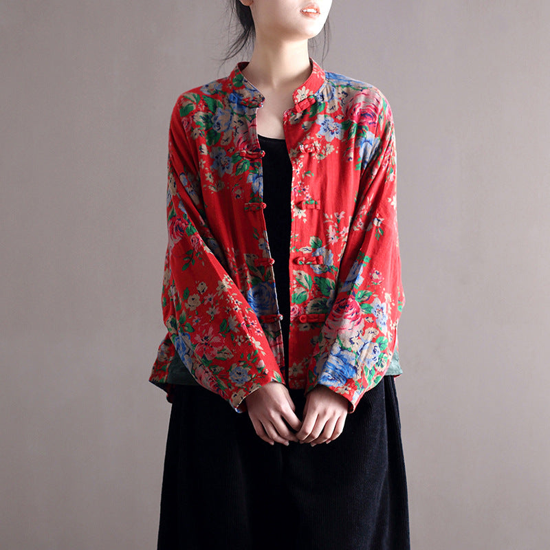 Blouse Stand Collar Large Flower Long-sleeved Jacket
