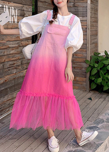 Gradient Color Pockets Tulle Patchwork Denim Strap Dress Sleeveless